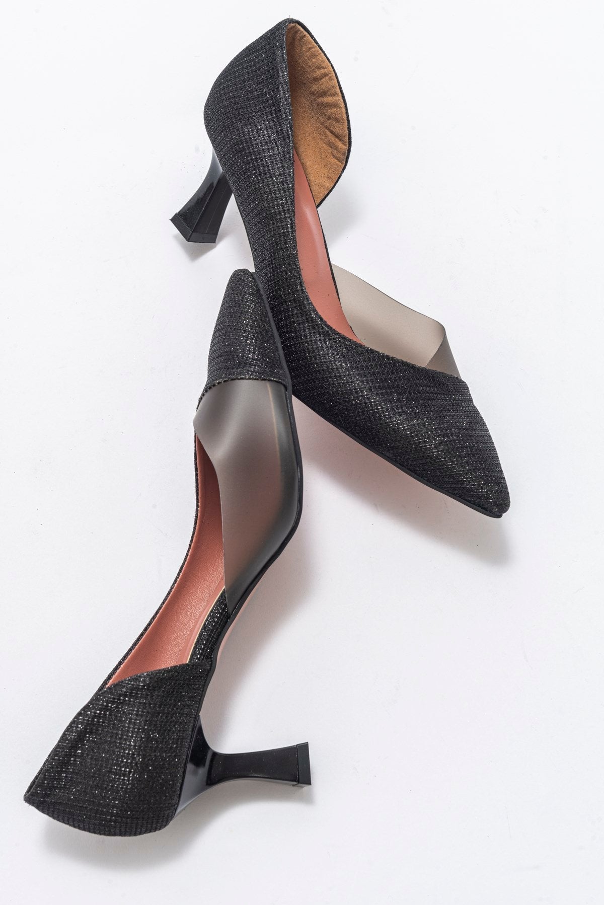 Vera Black Glitter Pointed Toe Pump – back view showing leather, glitter, black, Vowalisse
