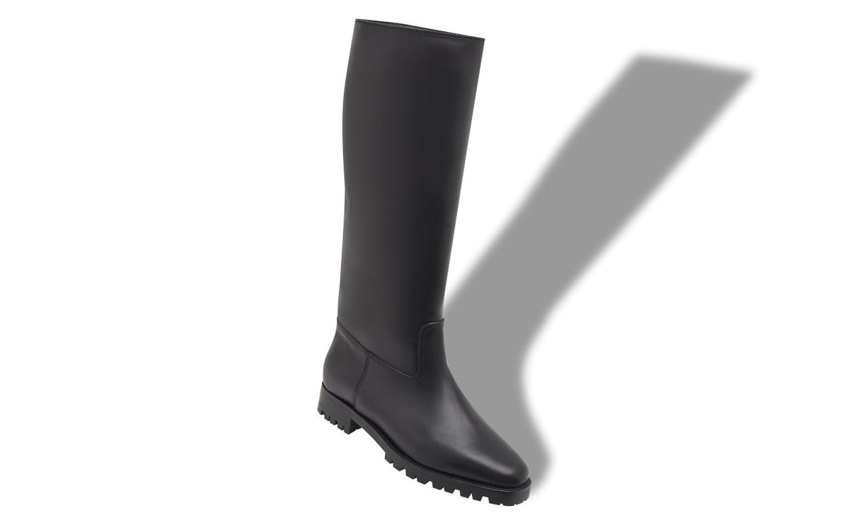 Violetta Flame Black Signature Mid-Calf Boots – front three-quarter view showing black refined detailing, Vowalisse
