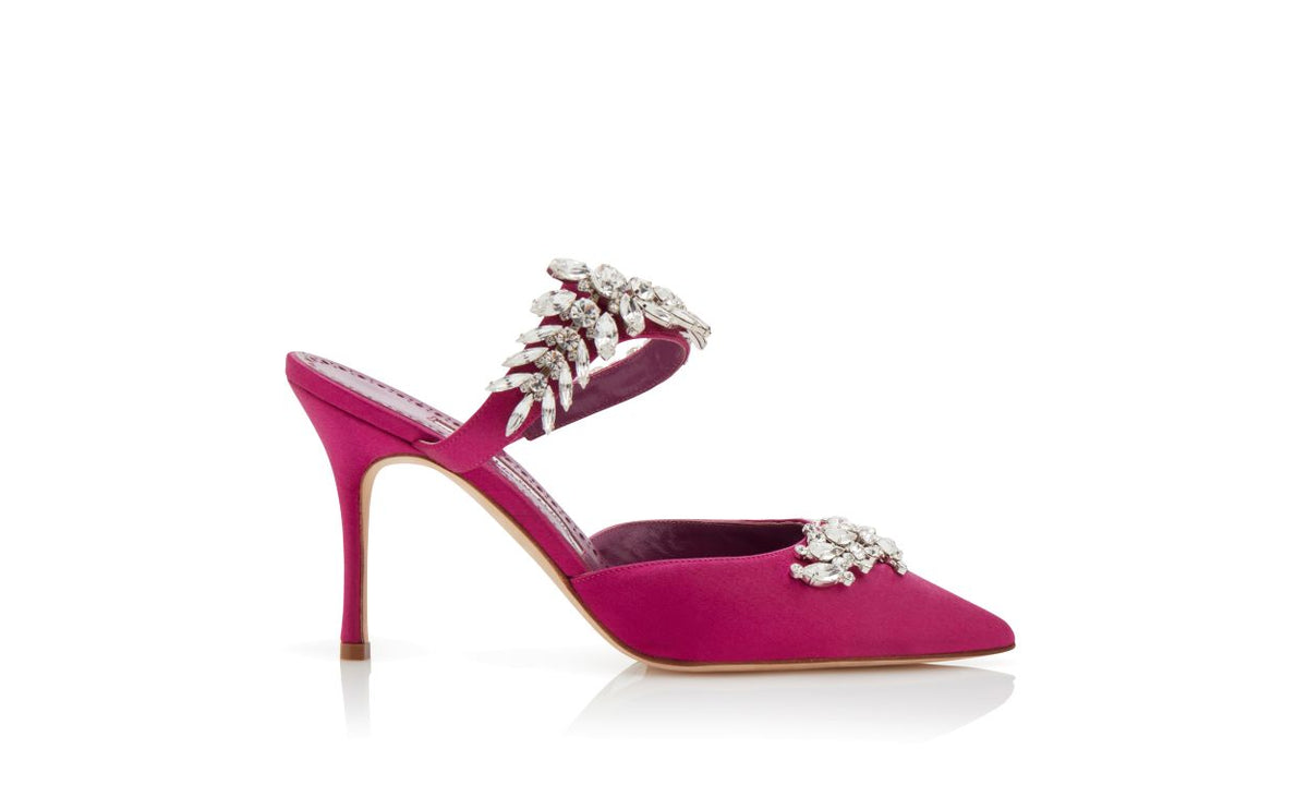 Vivienne Flame Pink Crystal Embellished Mules – side profile showing pink crystal embellished, pointed toe, satin…