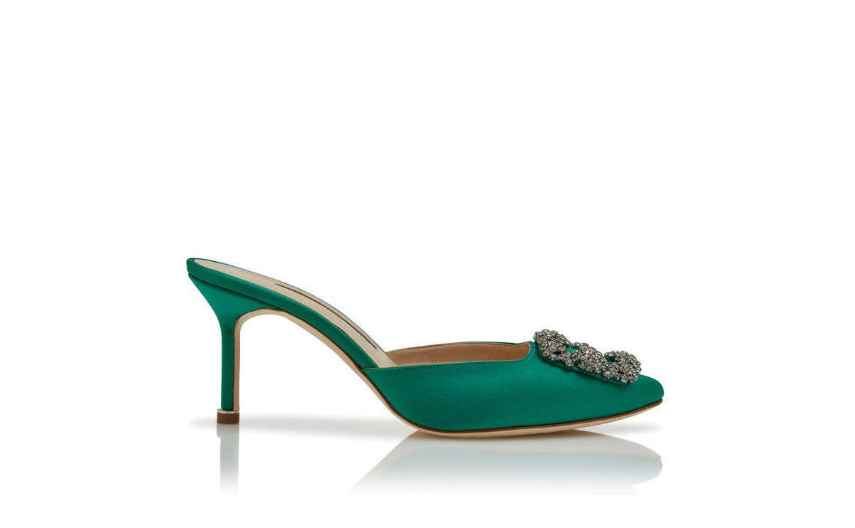 Emmeline Bloom Green Jewel Buckle Mules – side profile showing green jewel buckle, crystal buckle, almond toe, satin…