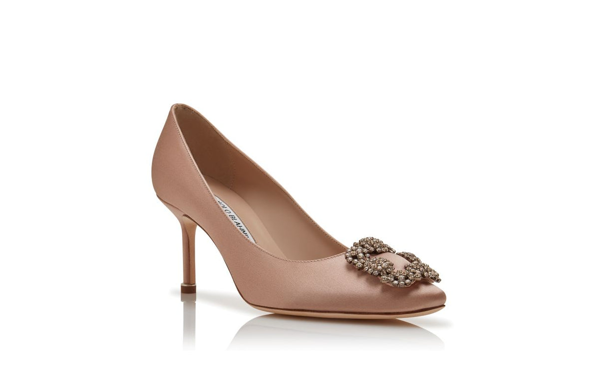 Juliette Dream Neutral Jewel Buckle Pumps – top view showing neutral jewel buckle, crystal buckle, almond toe, satin…