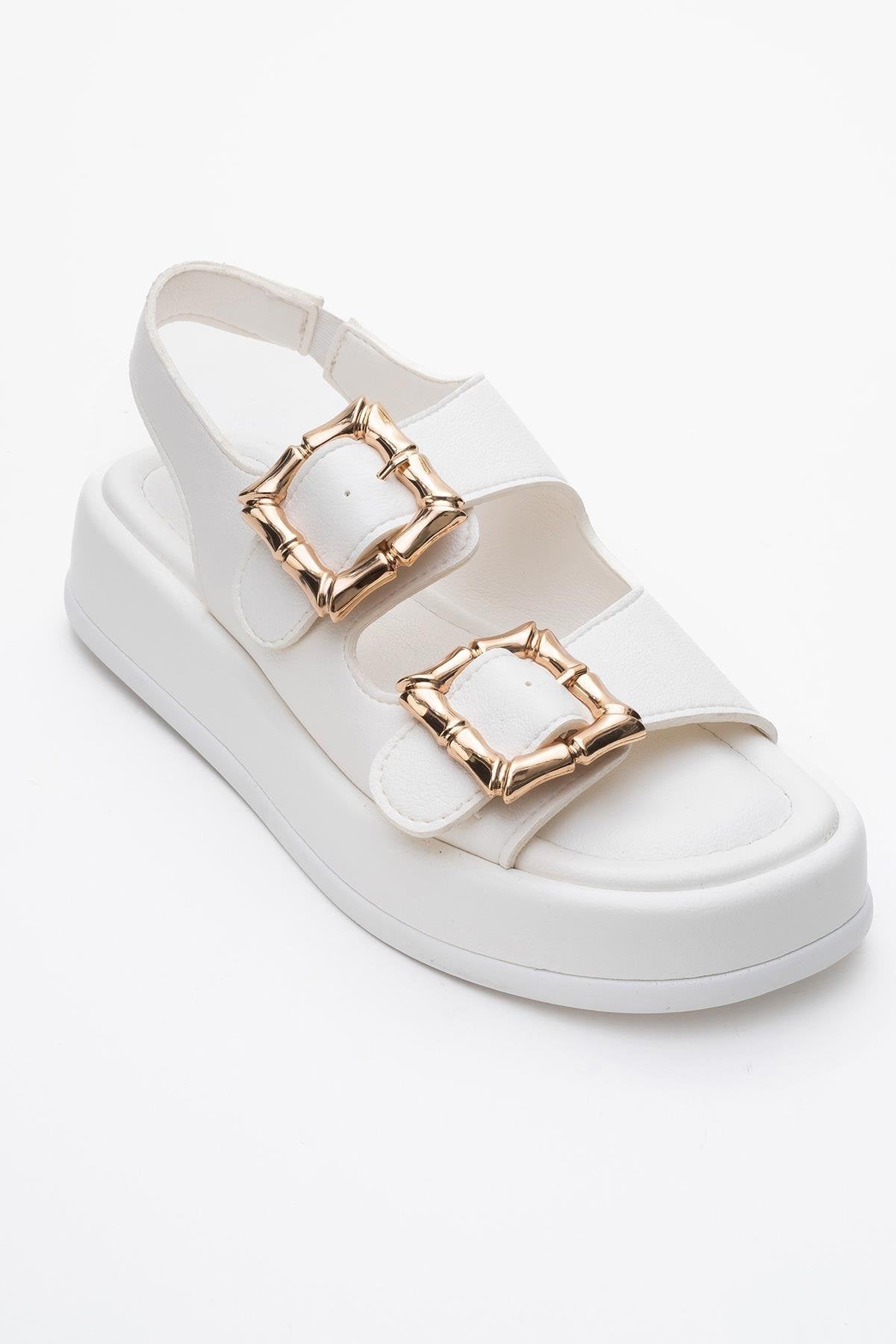 Slope White Double Strap Flat Sandal – detail view showing leather, white, Vowalisse