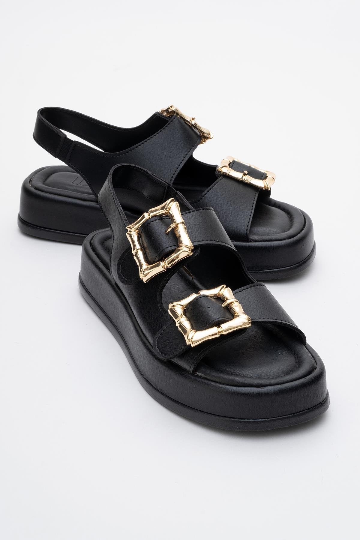 Slope Black Double Strap Flat Sandal – front three-quarter view showing leather, black, Vowalisse