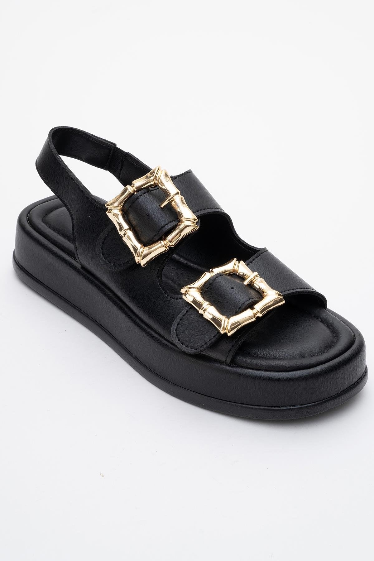 Slope Black Double Strap Flat Sandal – detail view showing leather, black, Vowalisse