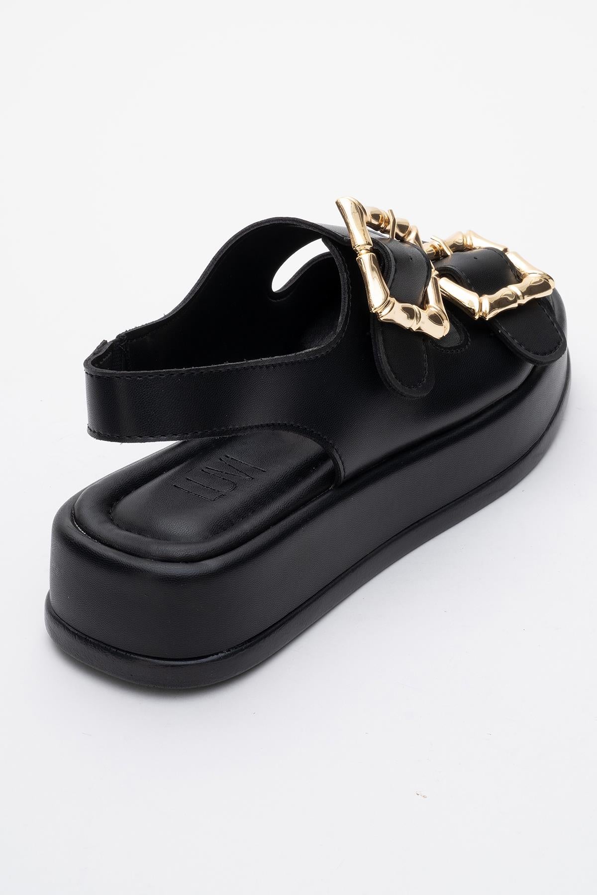 Slope Black Double Strap Flat Sandal – back view showing leather, black, Vowalisse