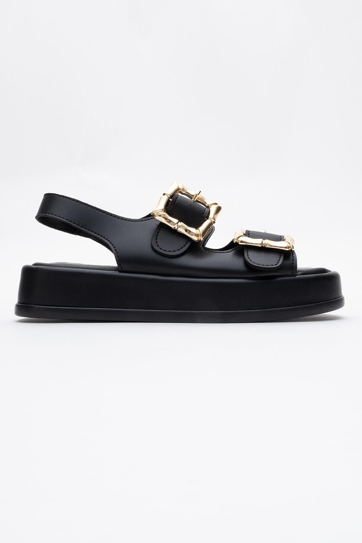 Slope Black Double Strap Flat Sandal – top view showing leather, black, Vowalisse