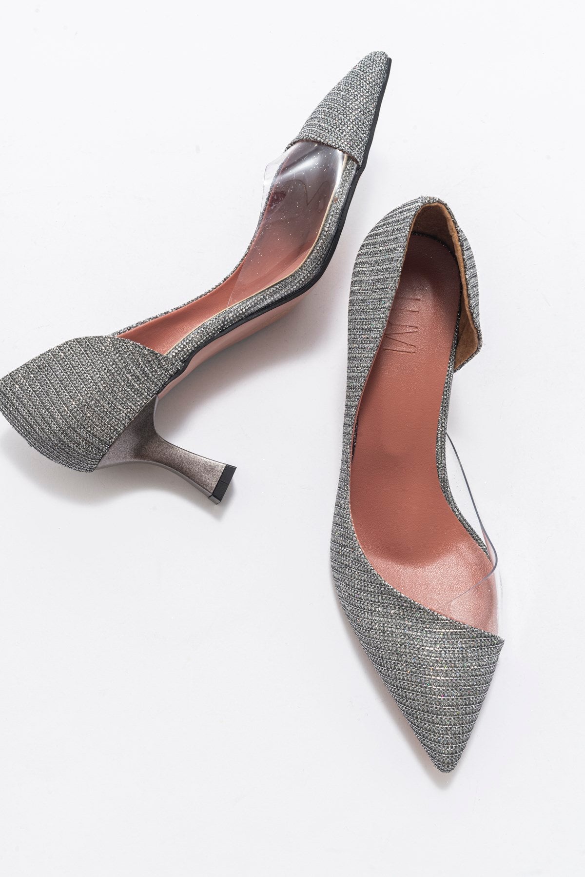 Vera Platinum Glitter Pointed Toe Pump – side view showing leather, glitter, Vowalisse