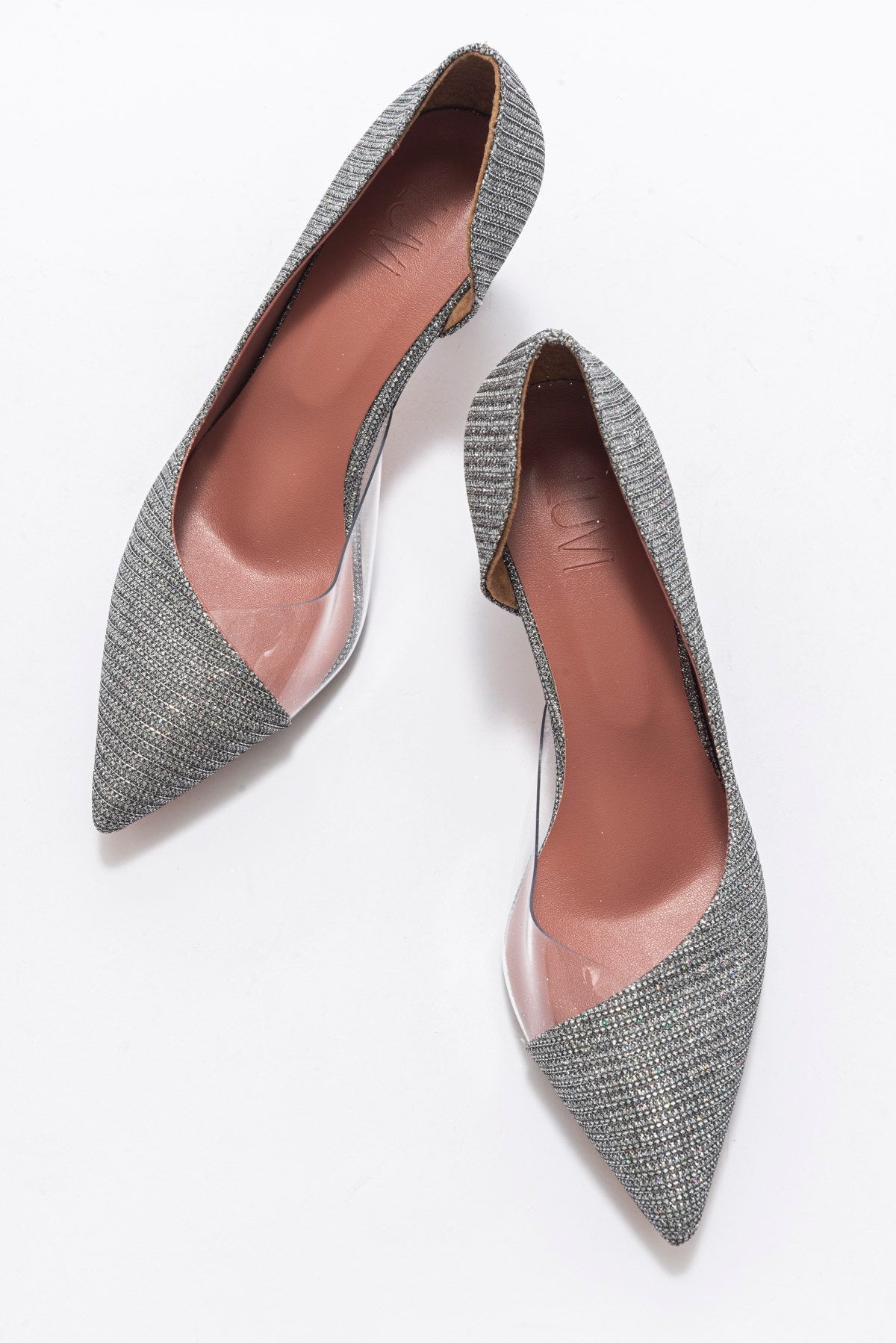 Vera Platinum Glitter Pointed Toe Pump – back view showing leather, glitter, Vowalisse
