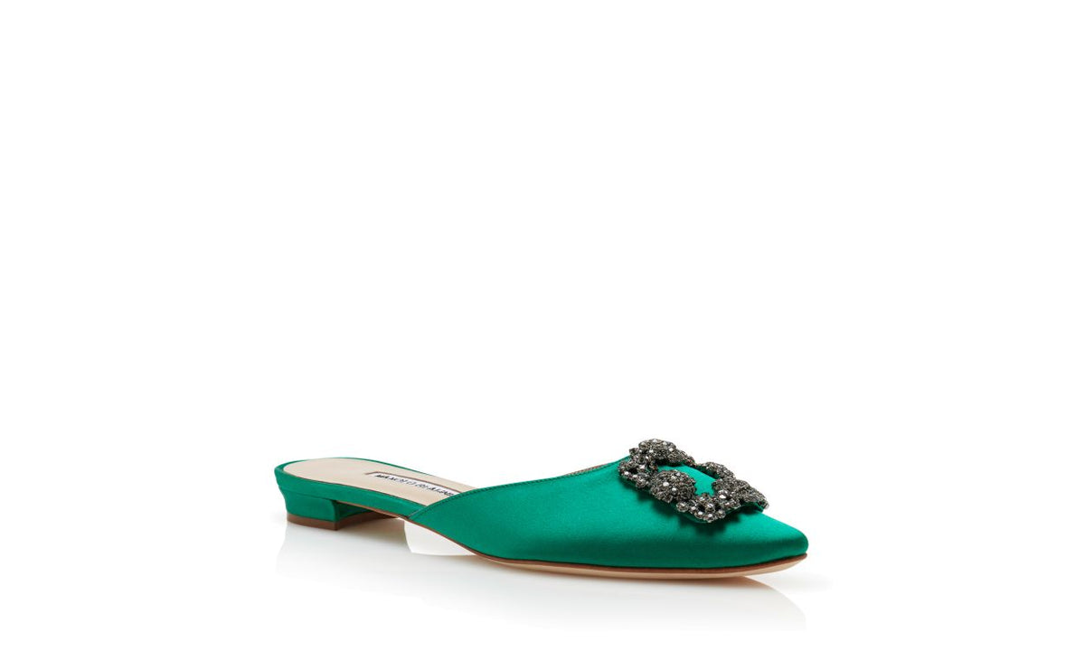 Violetta Crown Green Jewel Buckle Mules – top view showing green jewel buckle, crystal buckle, satin, Vowalisse