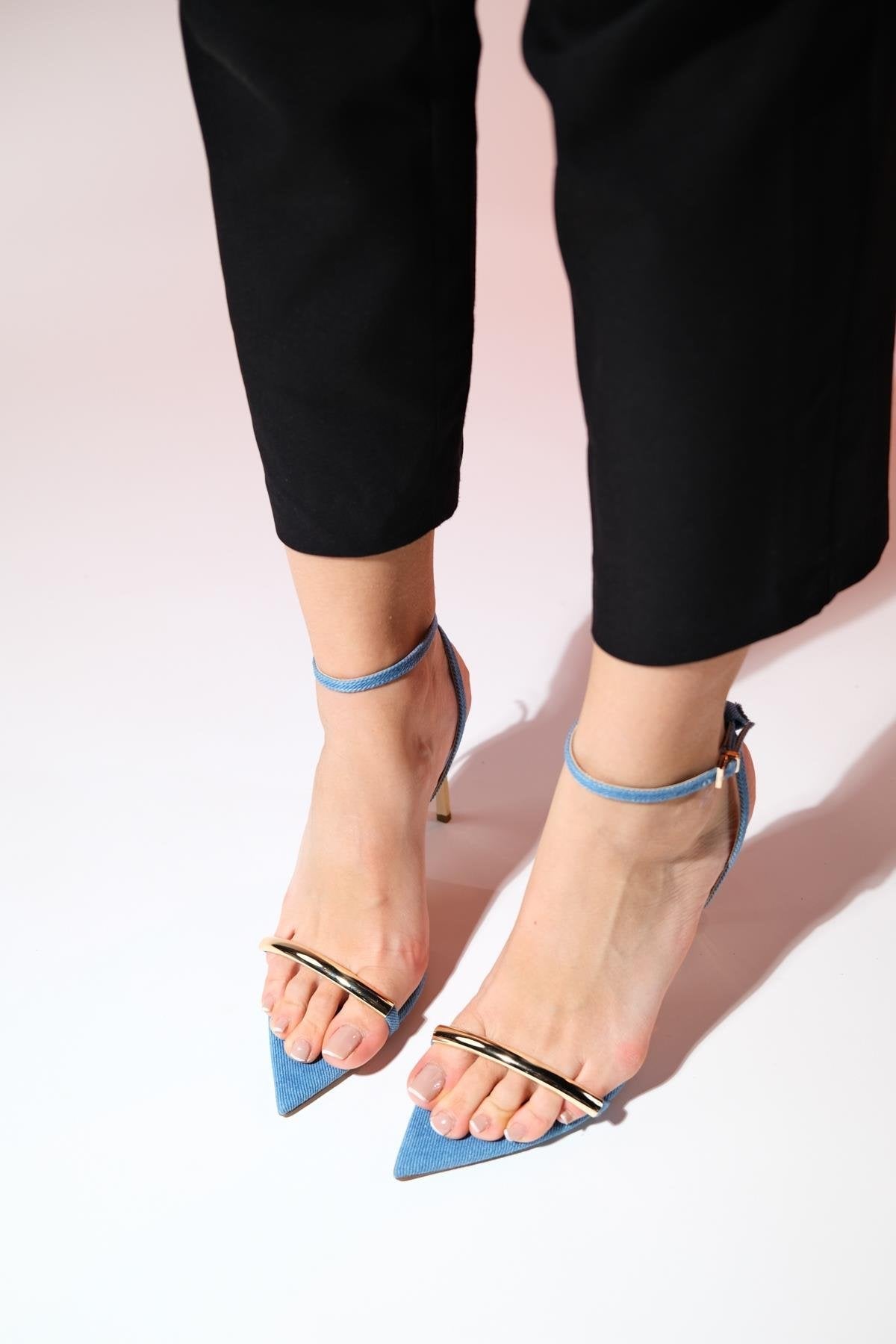 Bruno - Light Denim Single-Strap High-Heeled Shoe – heel view showing leather, Vowalisse