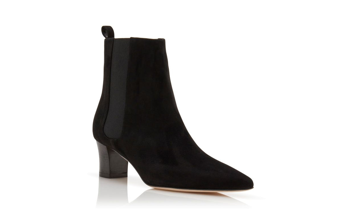 Adriana Élan Black Pointed Toe Ankle Boots – top view showing black pointed toe, suede, Vowalisse