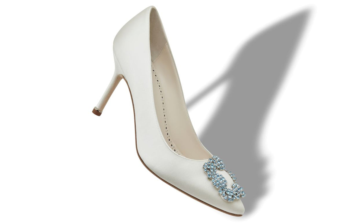 Ophelia Crown White Jewel Buckle Pumps – front three-quarter view showing white jewel buckle, crystal buckle, almond toe…