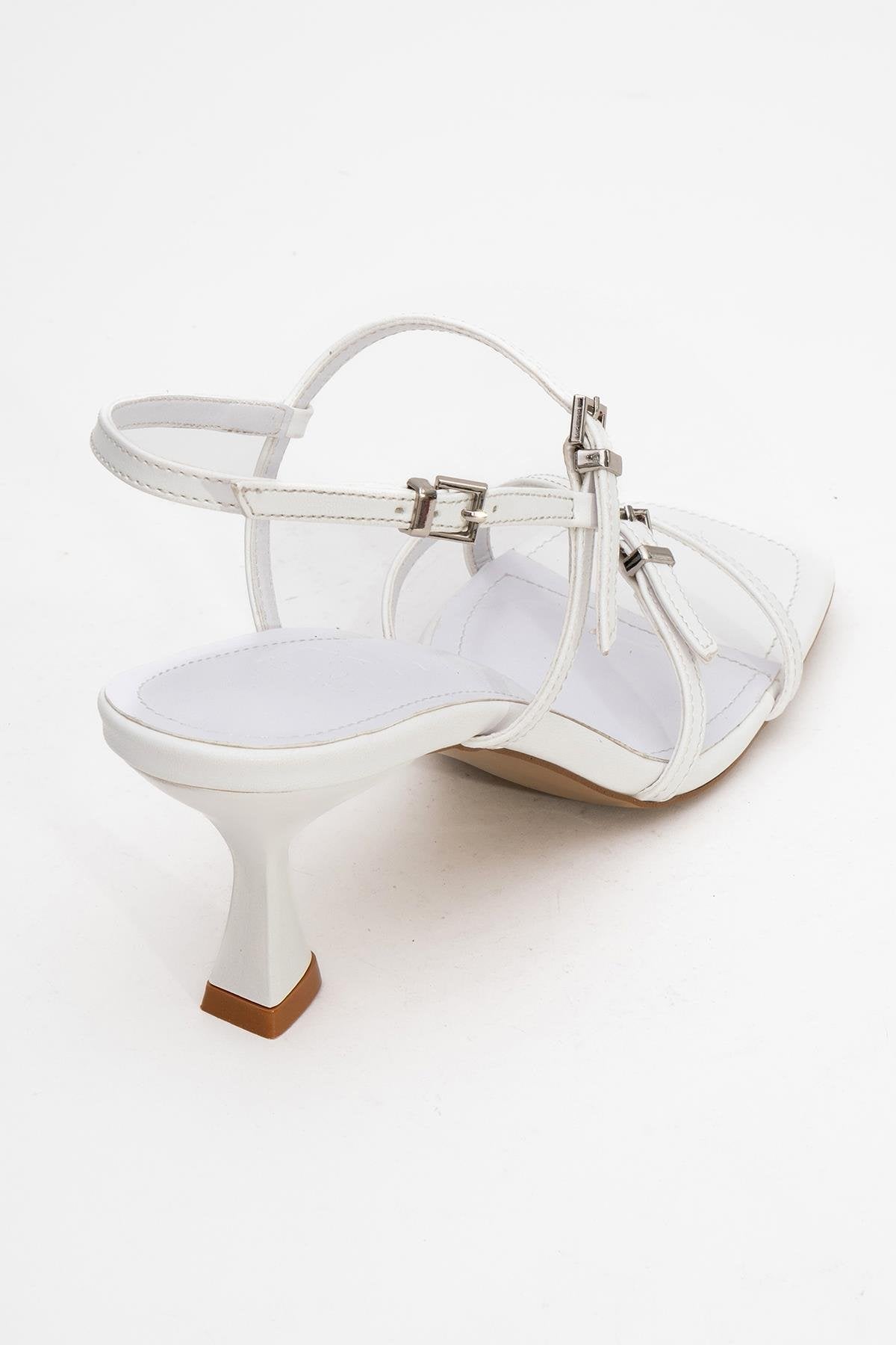 Nebel - White Heeled Sandal – back view showing leather, white, Vowalisse