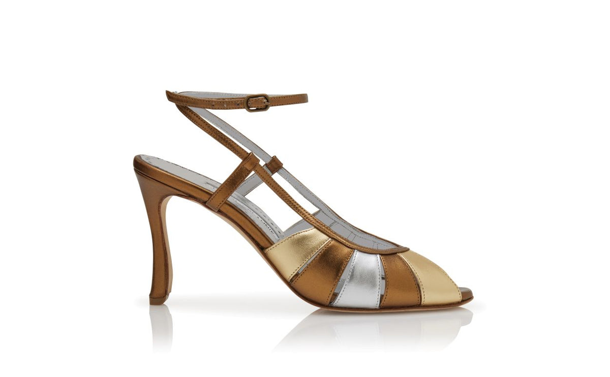 Cressida Pearl Gold Ankle Strap Ankle-Strap Shoes – side profile showing gold ankle strap, open toe, nappa leather…