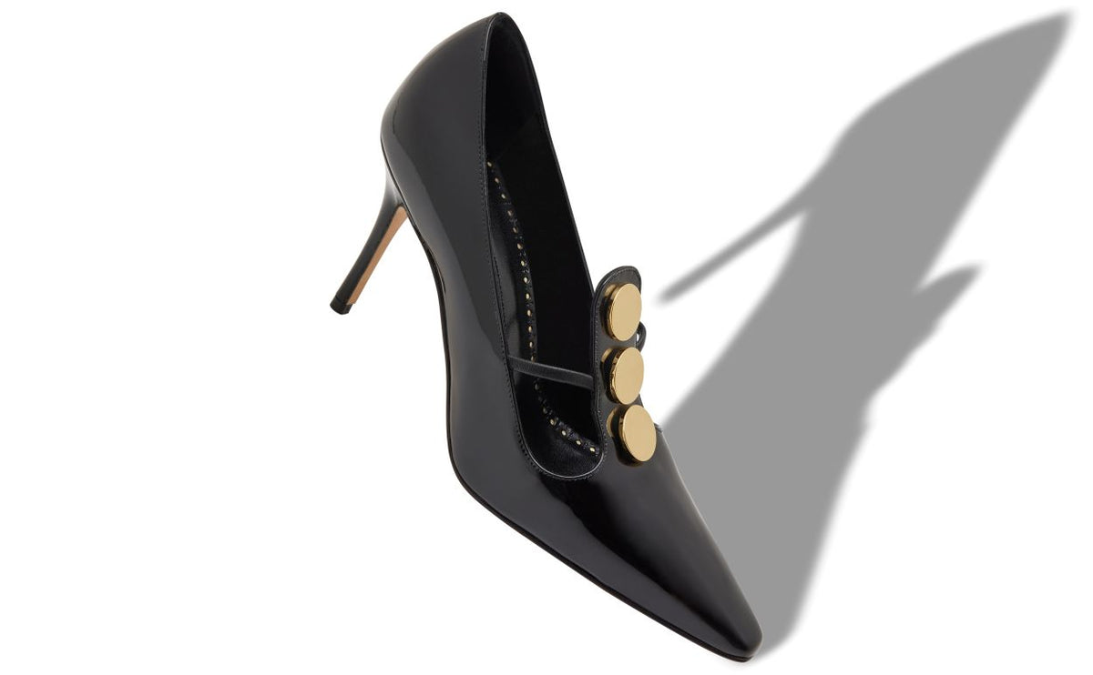 Aurelia Velvet Black Button Detail T-Bar Shoes – front three-quarter view showing black button detail, almond toe, patent…