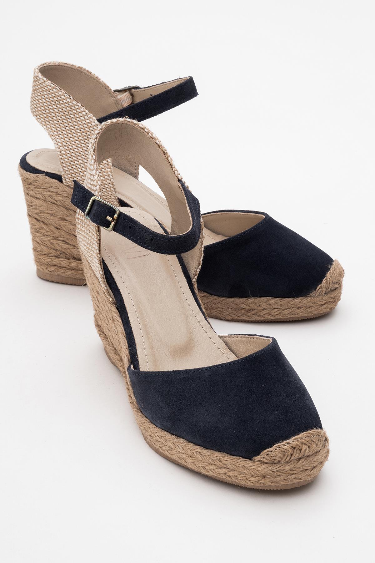 Sinta - Navy Suede Leather Platform Espadrille – front three-quarter view showing leather, suede, Vowalisse