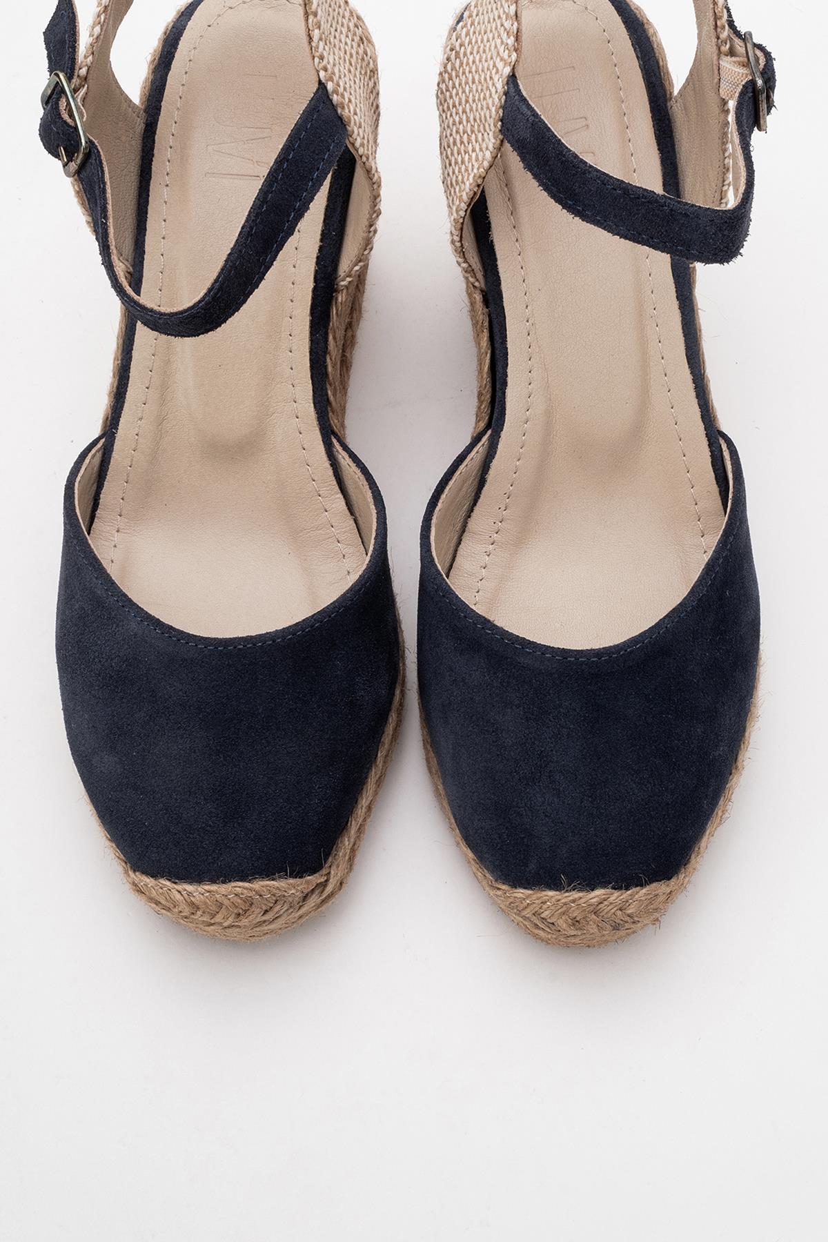 Sinta - Navy Suede Leather Platform Espadrille – side view showing leather, suede, Vowalisse