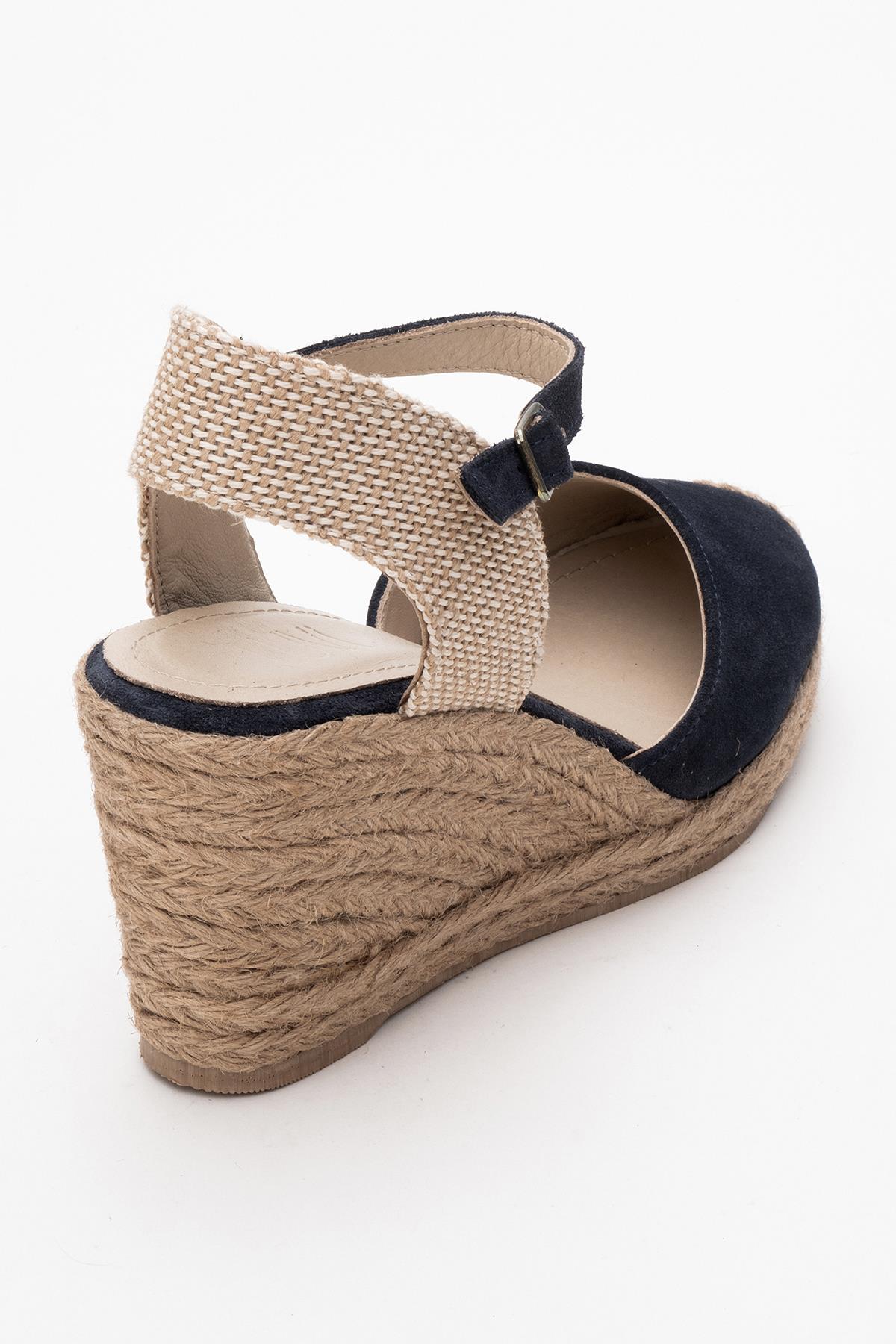 Sinta - Navy Suede Leather Platform Espadrille – heel view showing leather, suede, Vowalisse