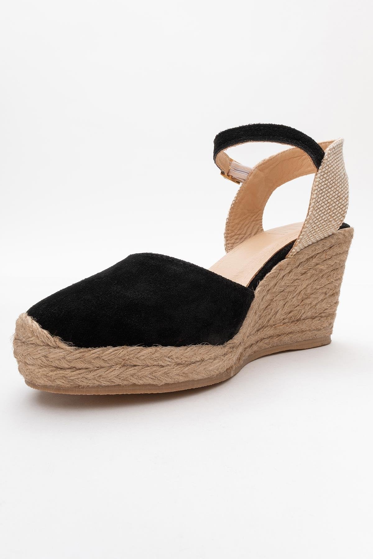 Sinta - Black Suede Leather Platform Espadrille – heel view showing leather, suede, black, Vowalisse