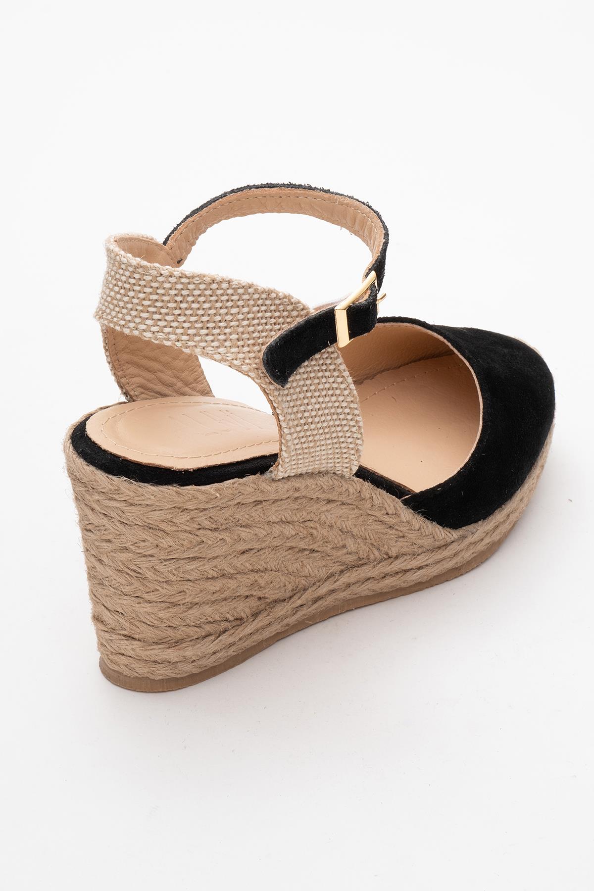 Sinta - Black Suede Leather Platform Espadrille – top view showing leather, suede, black, Vowalisse