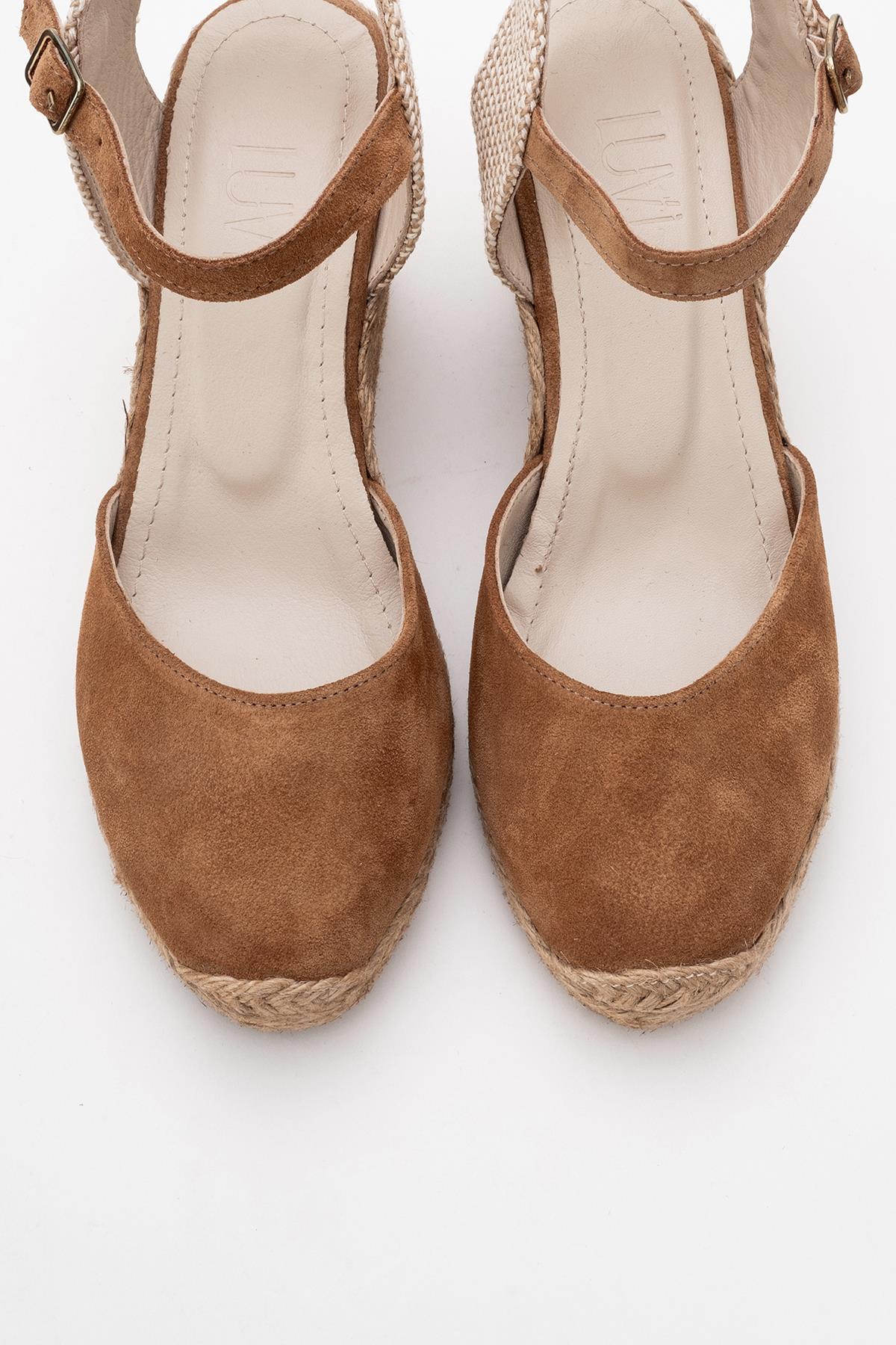 Sinta - Cognac Brown Suede Leather Platform Espadrille – side view showing leather, suede, Vowalisse