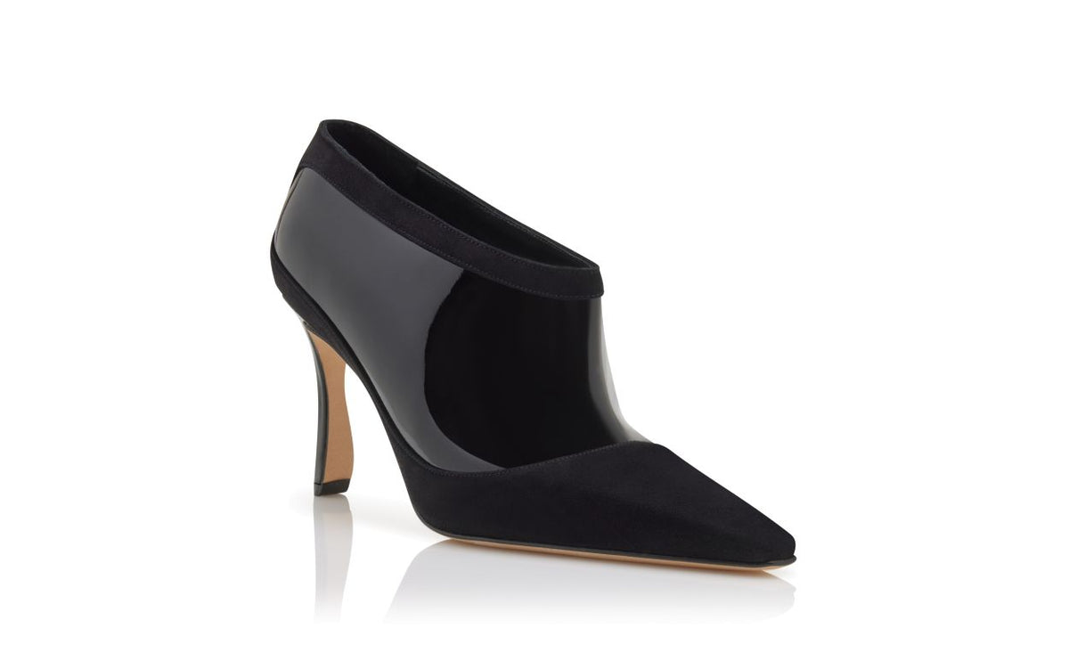 Alessia Shine Black Almond Toe Shoe Boots – top view showing black almond toe, suede, patent leather, Vowalisse