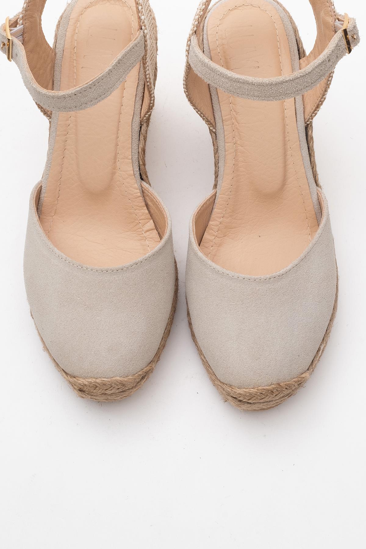Sinta - Beige Suede Leather Platform Espadrille – side view showing leather, suede, Vowalisse