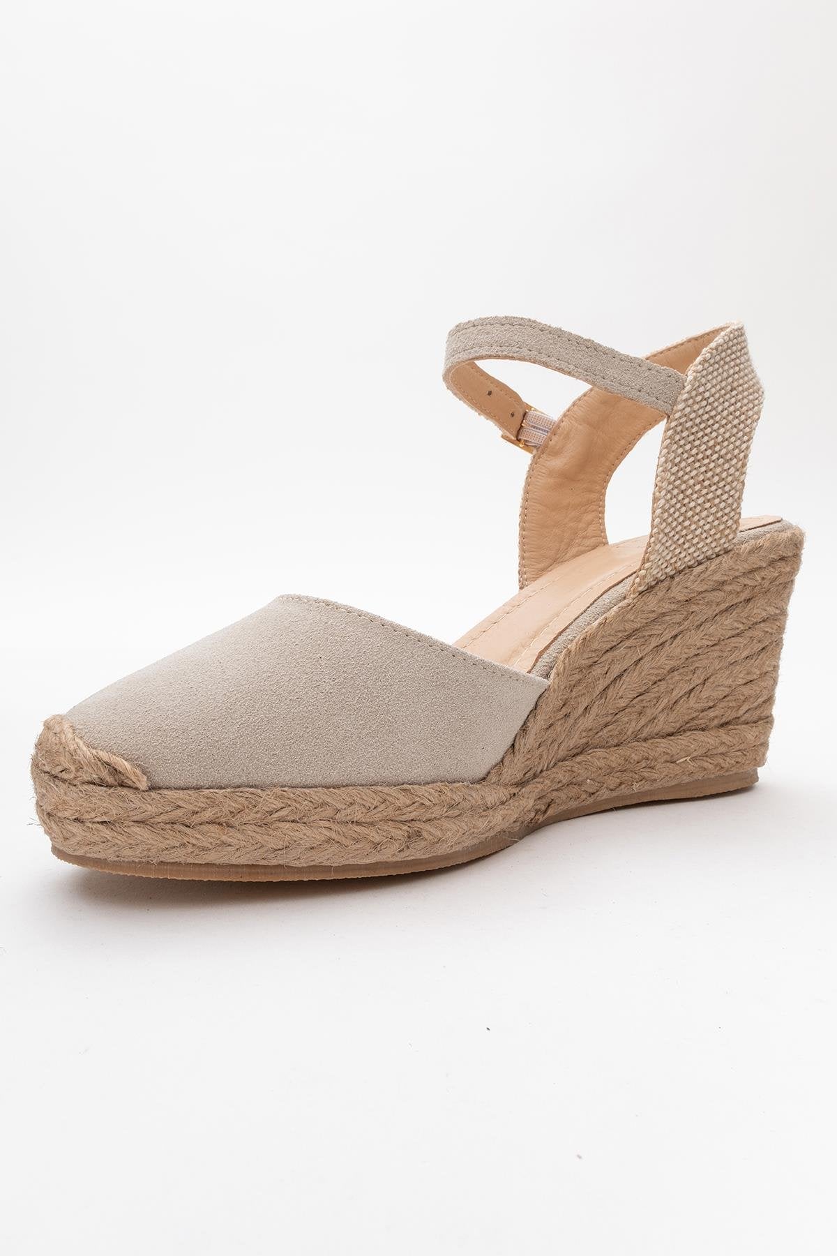 Sinta - Beige Suede Leather Platform Espadrille – detail view showing leather, suede, Vowalisse