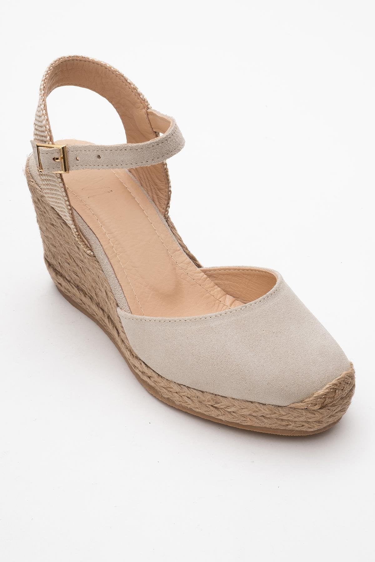 Sinta - Beige Suede Leather Platform Espadrille – heel view showing leather, suede, Vowalisse