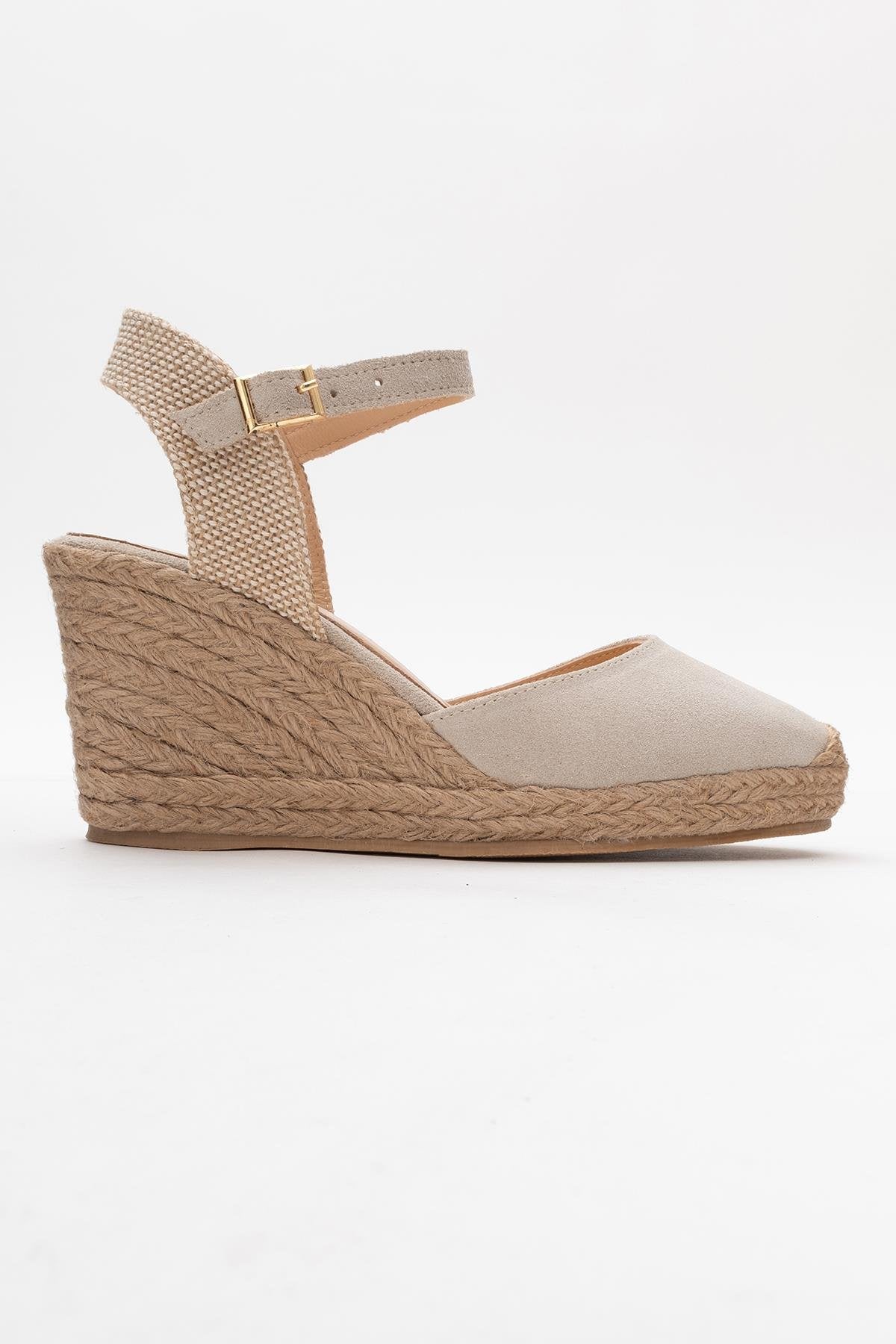 Sinta - Beige Suede Leather Platform Espadrille – top view showing leather, suede, Vowalisse