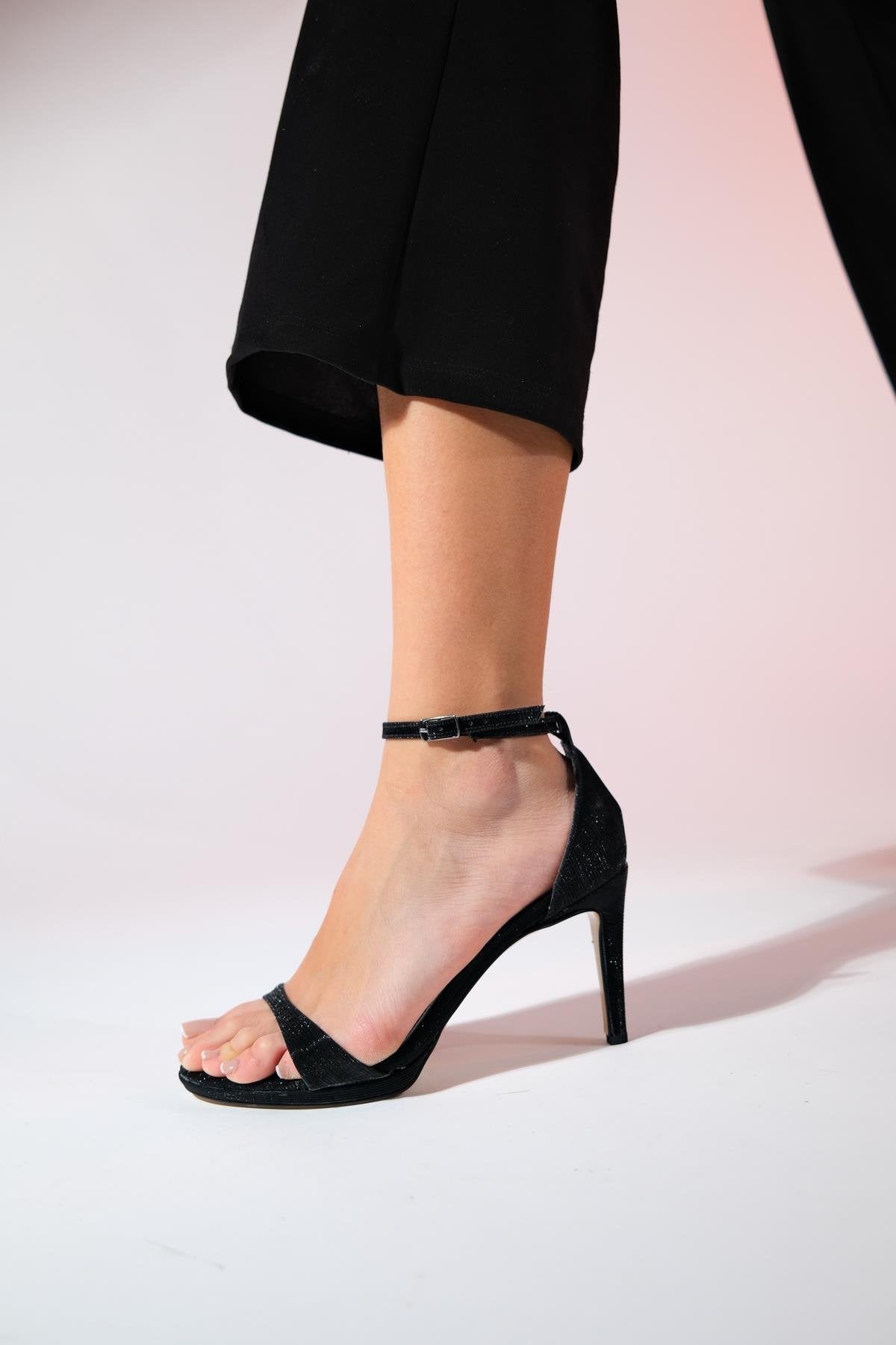 Bern - Black Striped Platform Heel Evening Shoe – heel view showing leather, black, Vowalisse