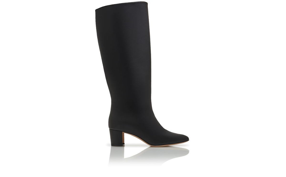 Celeste Lace Black Pointed Toe Knee-High Boots – side profile showing black pointed toe, Vowalisse