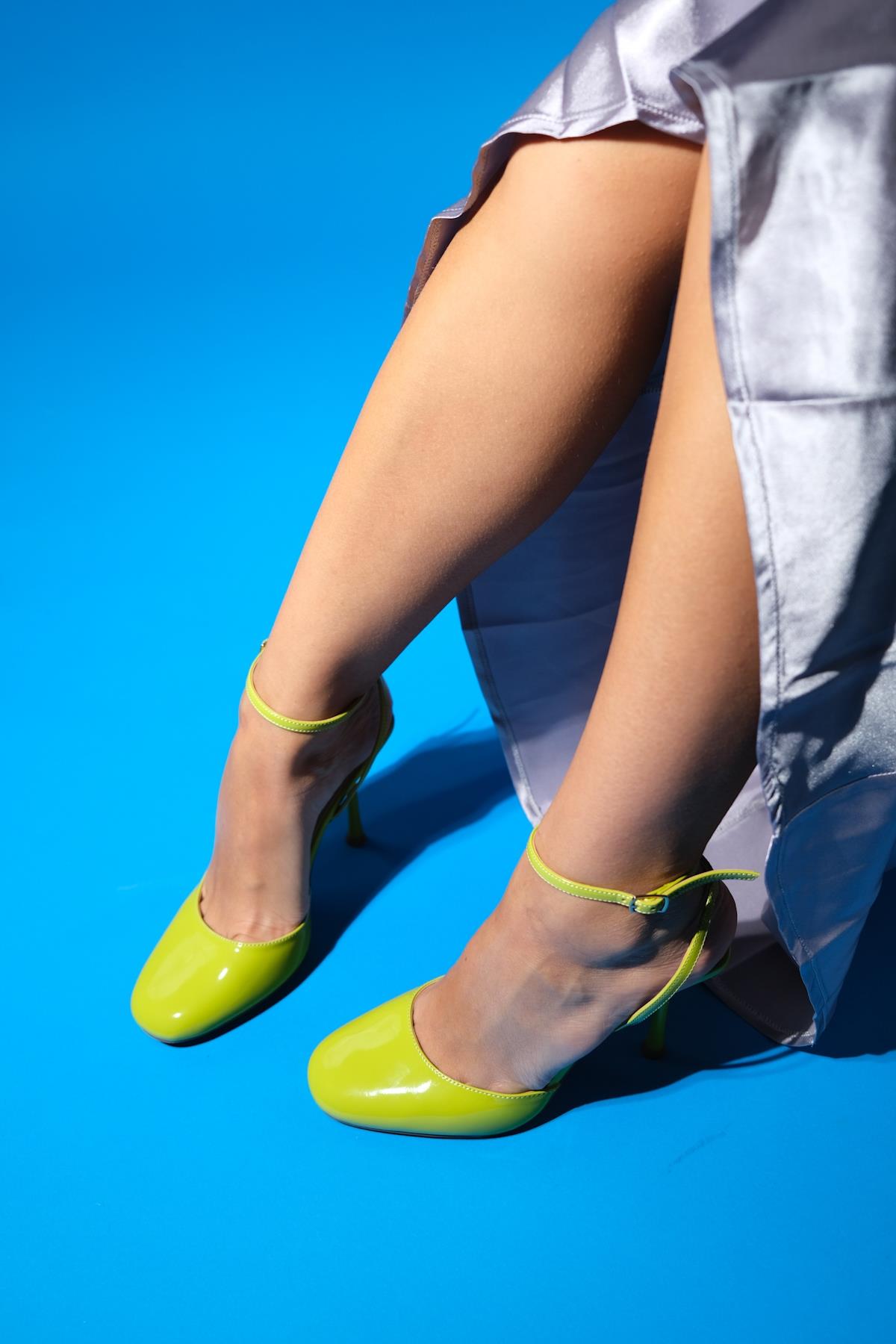 Blues - Green Round Toe Ankle-Tie High Heel Shoe – side view showing leather, blue, green, Vowalisse