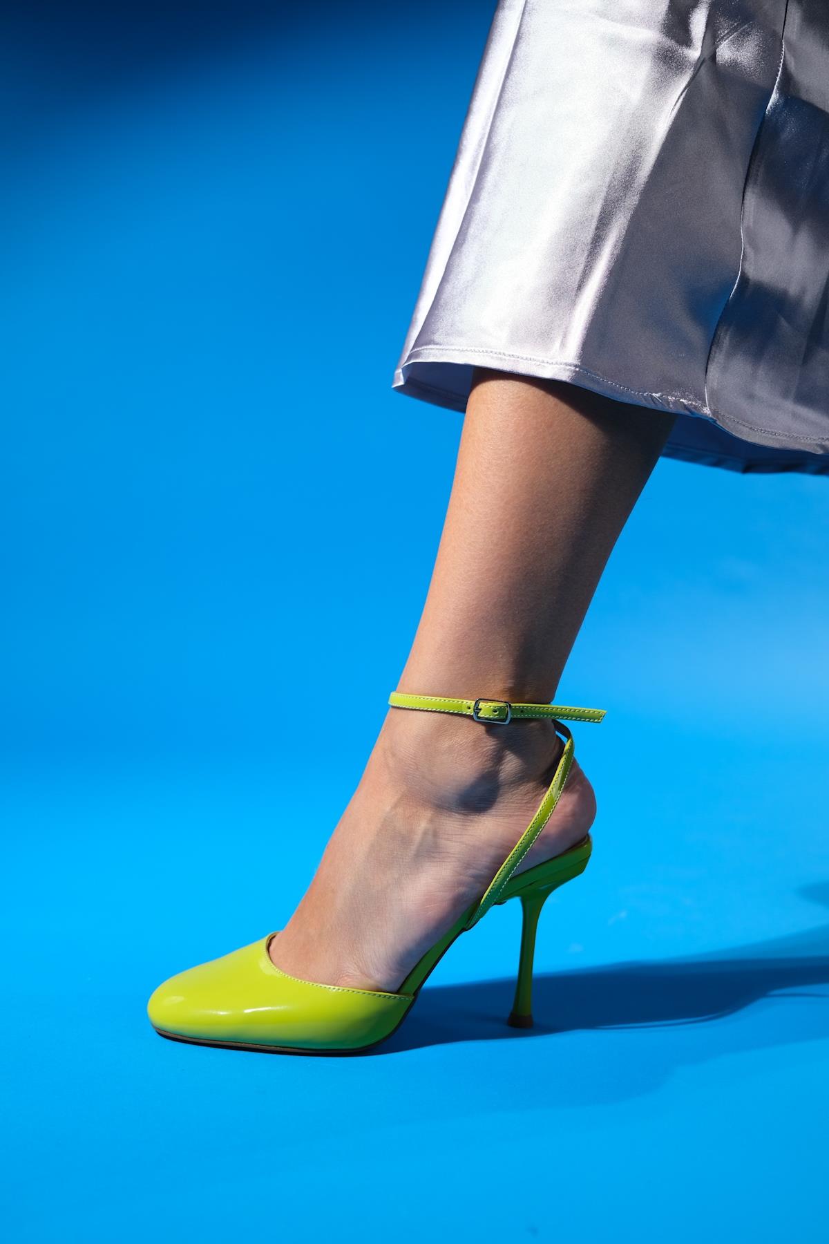 Blues - Green Round Toe Ankle-Tie High Heel Shoe – detail view showing leather, blue, green, Vowalisse