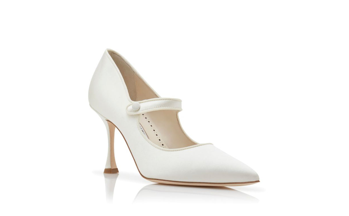 Isadora Dawn White Pointed Toe Mary Jane Shoes – top view showing white pointed toe, satin, Vowalisse