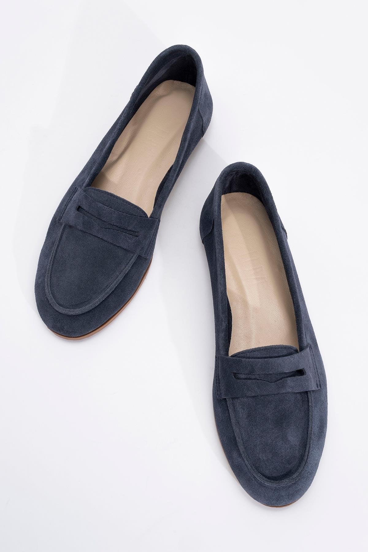 Dorothy - Navy Blue Suede Leather Loafers – side view showing leather, suede, blue, Vowalisse