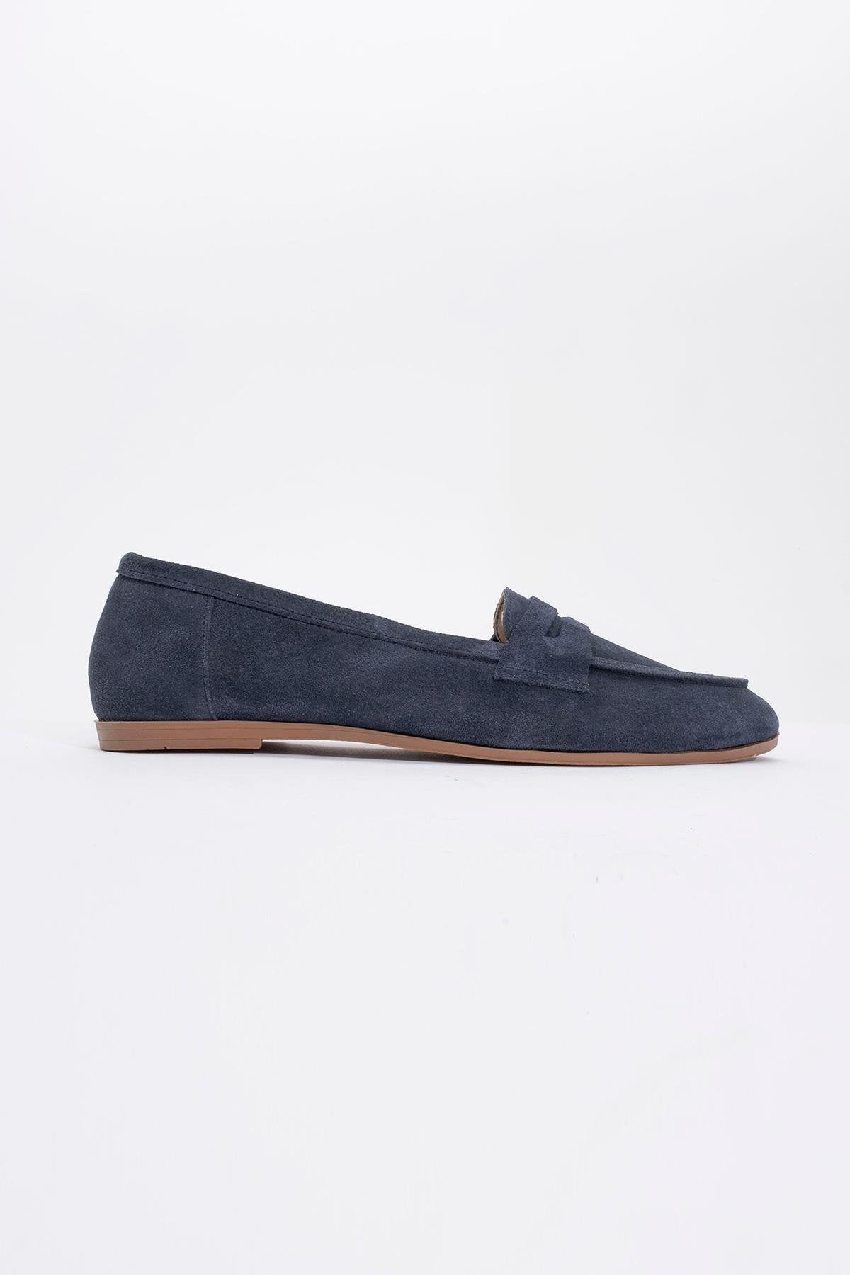Dorothy - Navy Blue Suede Leather Loafers – heel view showing leather, suede, blue, Vowalisse