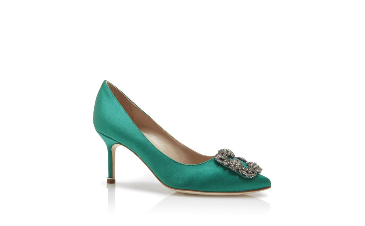Camellia Belle Green Jewel Buckle Pumps – top view showing green jewel buckle, crystal buckle, almond toe, satin, Vowalisse