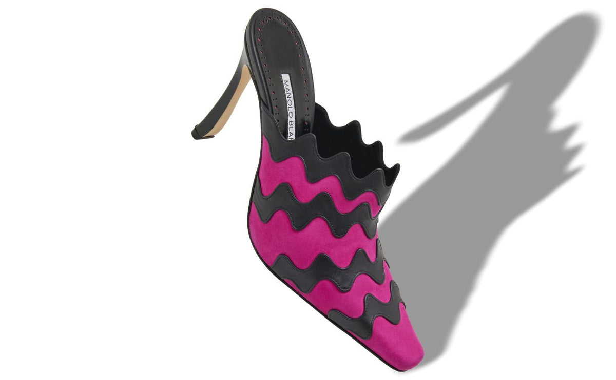Cressida Rose Pink Almond Toe Mules – front three-quarter view showing pink almond toe, suede, nappa leather, Vowalisse