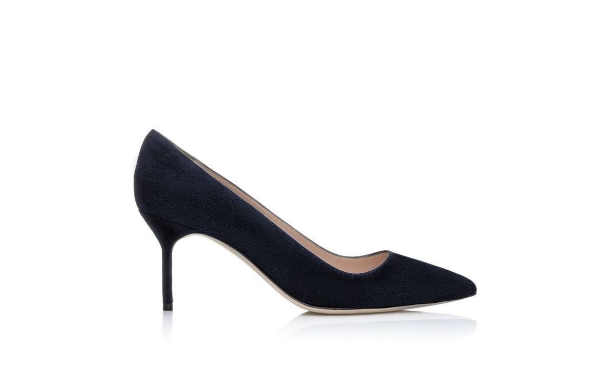 Violetta Bloom Blue Pointed Toe Pumps – side profile showing blue pointed toe, suede, Vowalisse