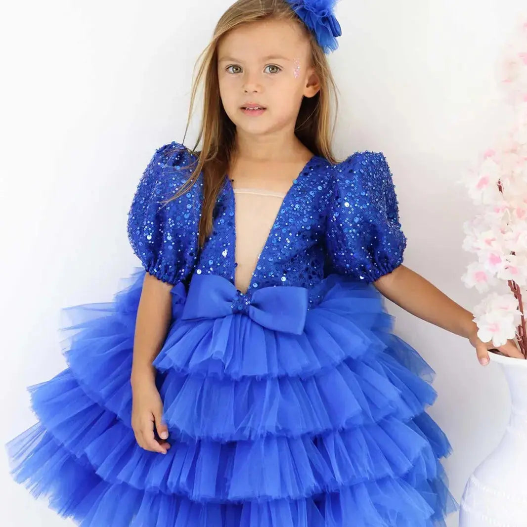 Aneta Blue Baby Girl Christening baby girl first birthday dress, main product image by Vowalisse