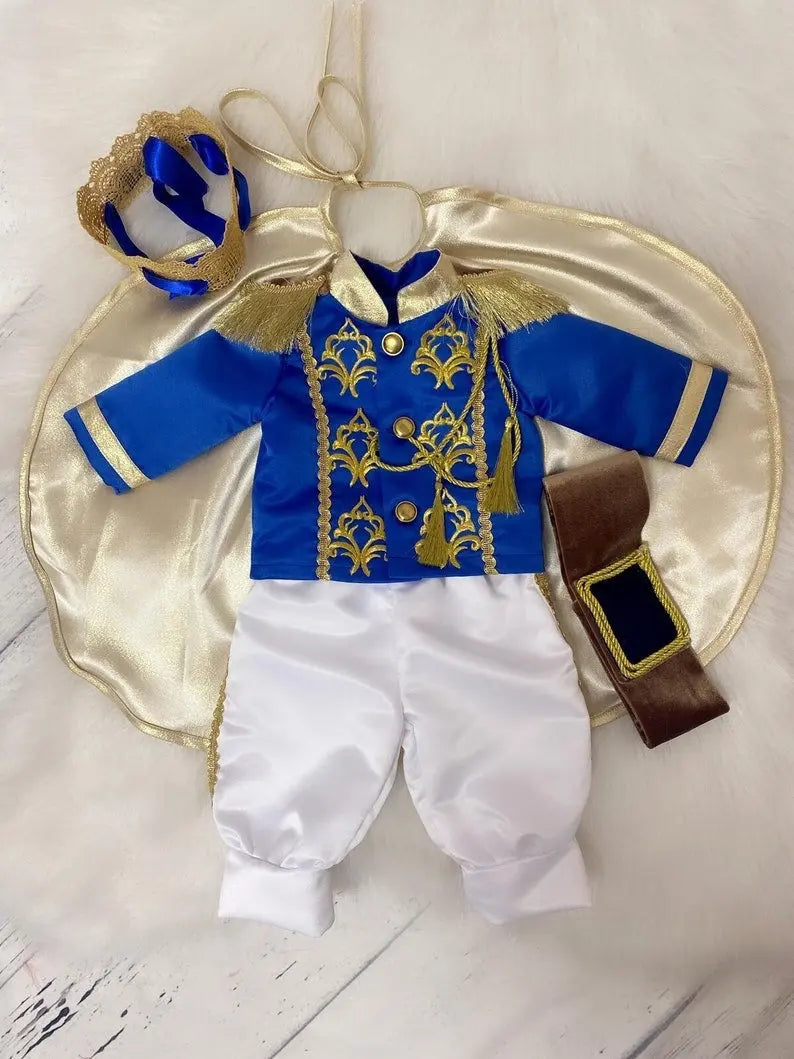 Navy Blue & Gold Personalized Baby Prince Costume 2, baby boy first birthday outfit, main product image by Vowalisse
