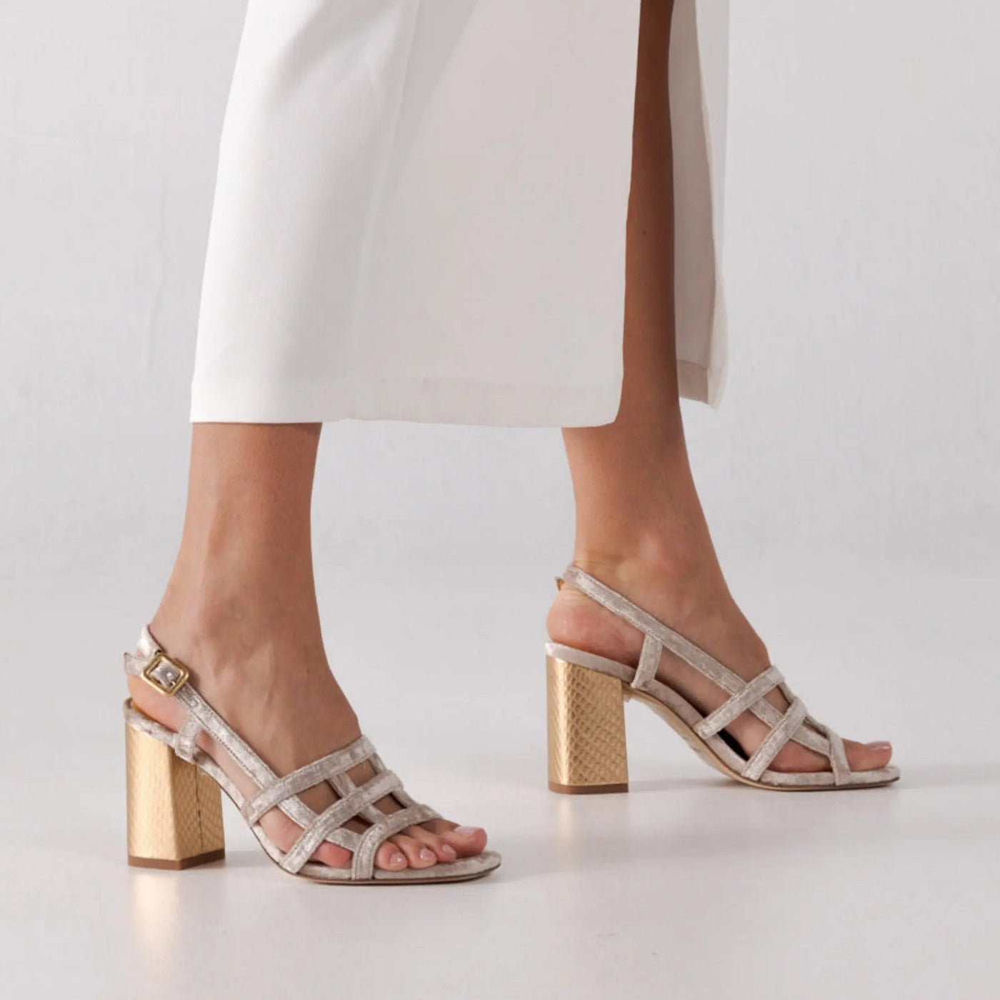 Beige Velvet Block Heel Bridal Heels VOWALISSE bridal shoes – view 1