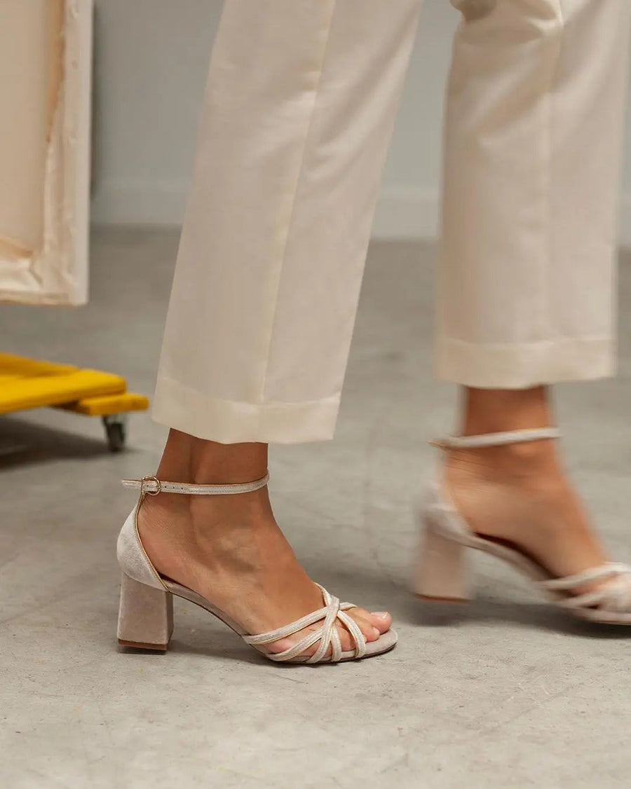Beige Velvet Block Heel Bridal Heels | VOWALISSE