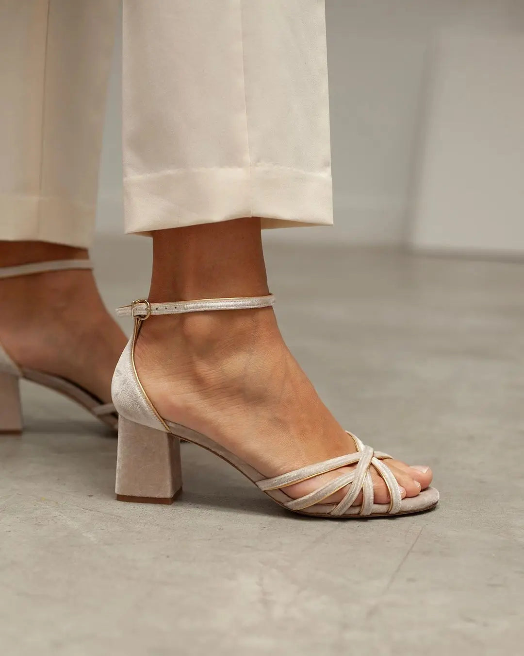 Beige Velvet Block Heel Bridal Heels VOWALISSE bridal shoes – view 2