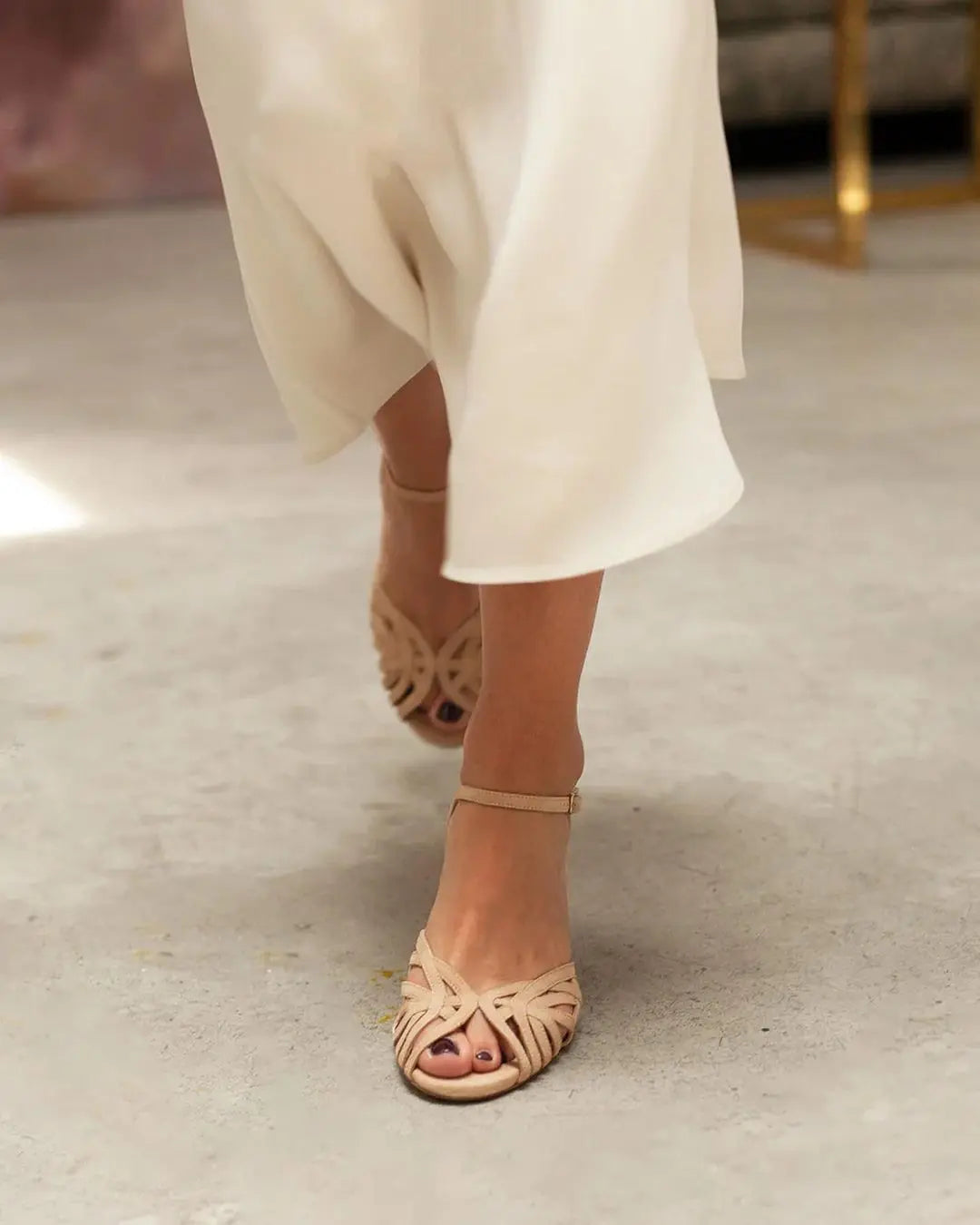 Beige Velvet Block Heel Bridal Heels VOWALISSE bridal shoes – view 4