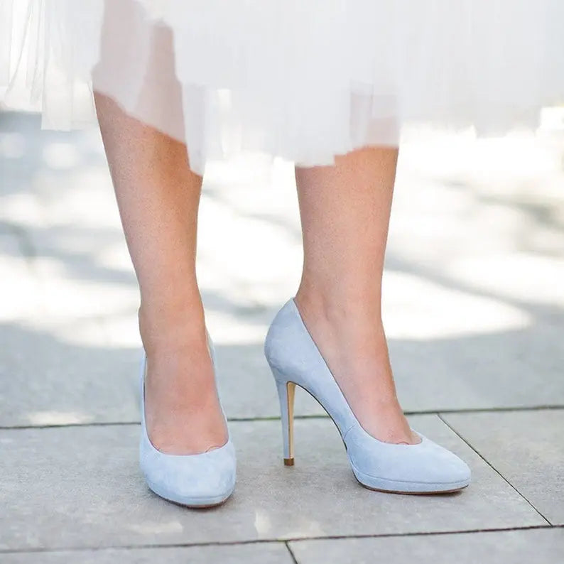 Blue Green Velvet Block Heel Bridal Heels | VOWALISSE