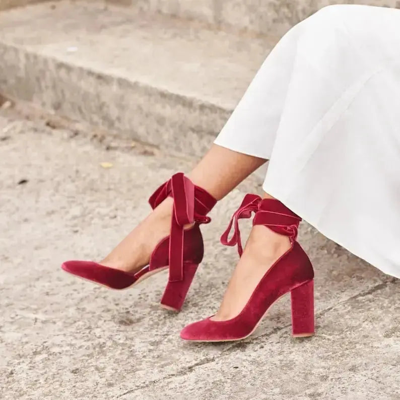 Burgundy Velvet Block Heel Bridal Heels VOWALISSE bridal shoes – view 1