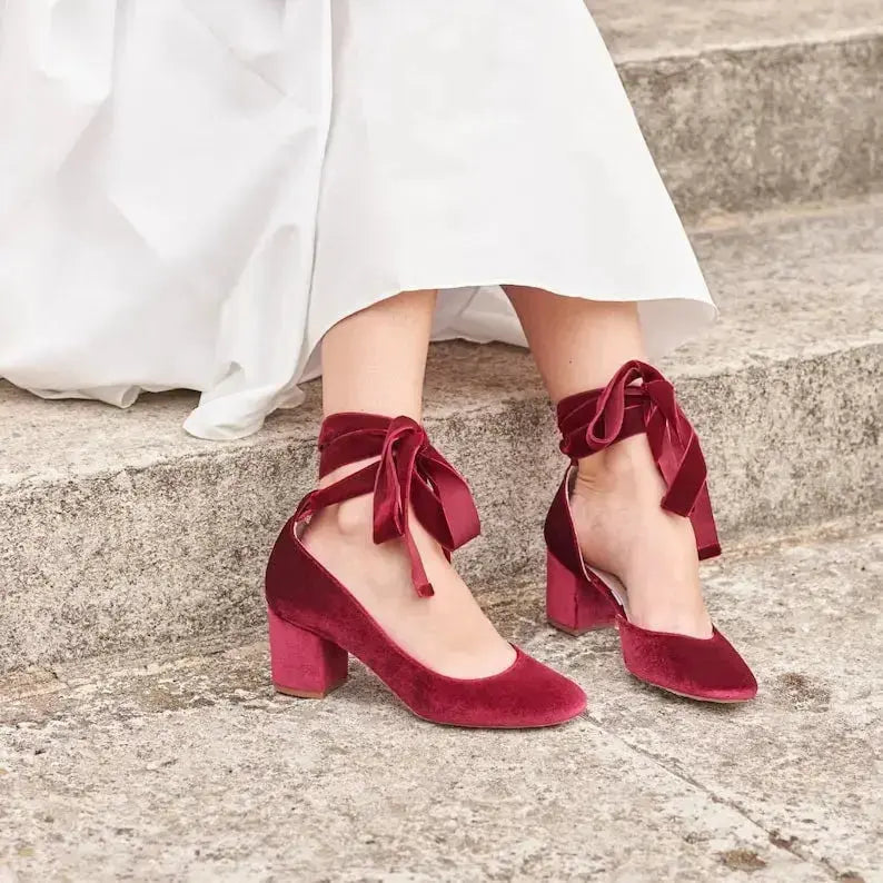 Burgundy Velvet Block Heel Bridal Heels VOWALISSE bridal shoes – view 3