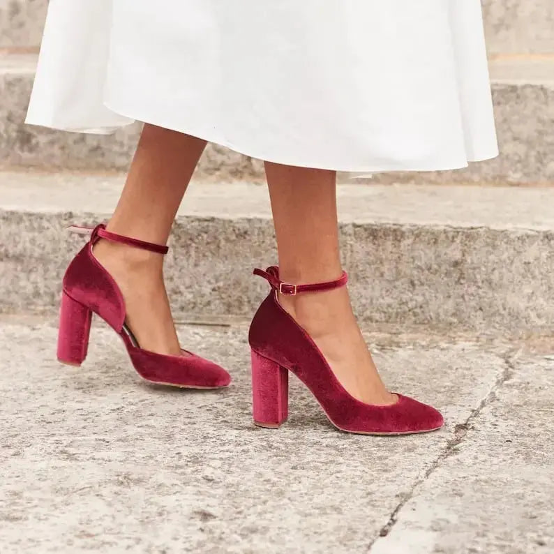 Burgundy Velvet Block Heel Bridal Heels VOWALISSE bridal shoes – view 4